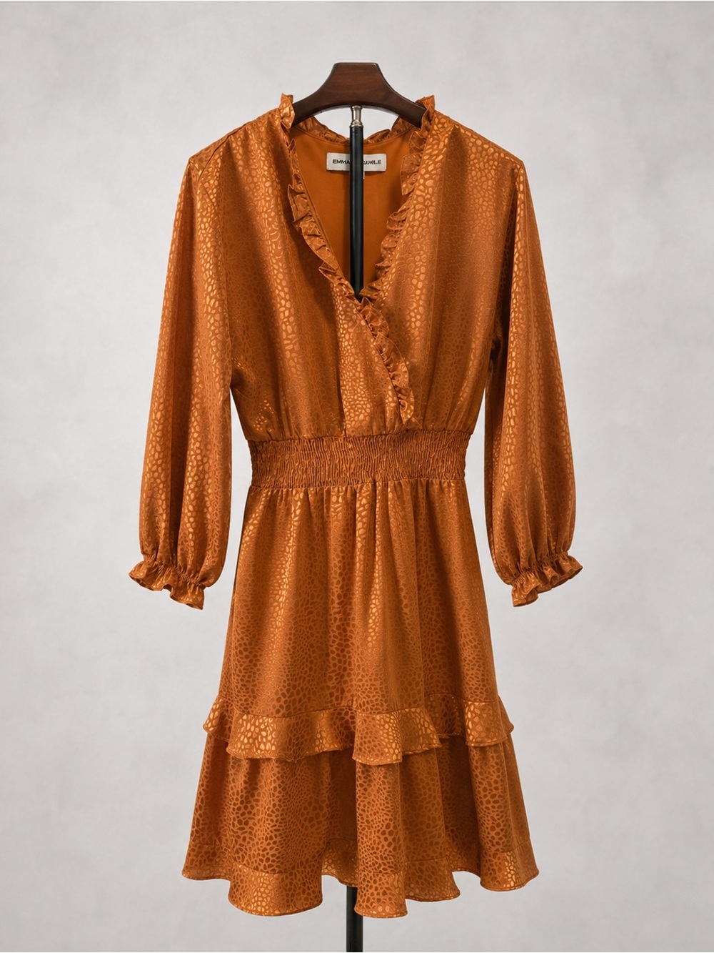 Emma Michelle Rust Ruffle Wrap Dress with Smocked Waist